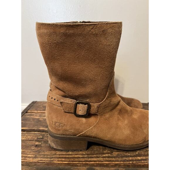 UGG Keppler Chestnut Brown Suede Moto Boots Sheep Wool Lined Heeled Sz 10 Boho - Picture 4 of 14